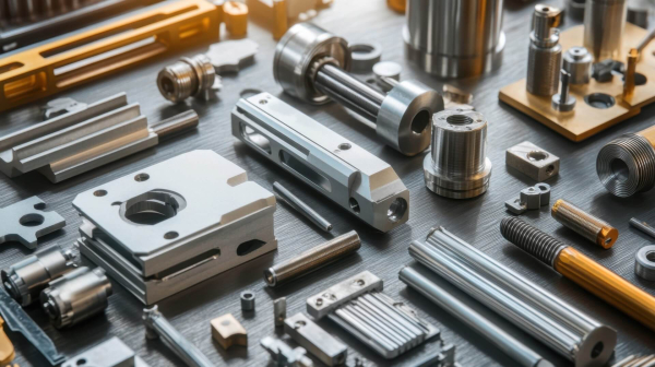 Close-up view of precision-machined metal components, housings, and fasteners arranged on a metallic surface for manufacturing and assembly.